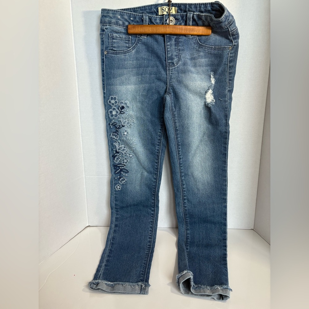 Girls Embroidered Skinny Jeans | Size 12 | Floral Denim | Distressed Knee | SQZ